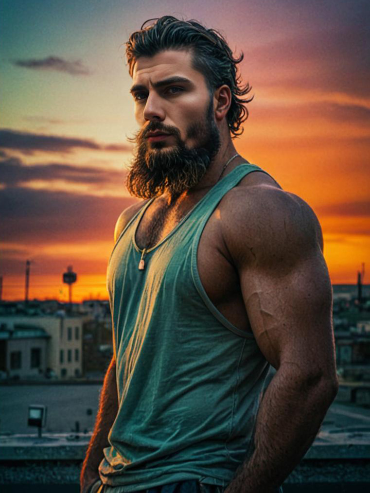 Muscular Man with Beard at Sunset