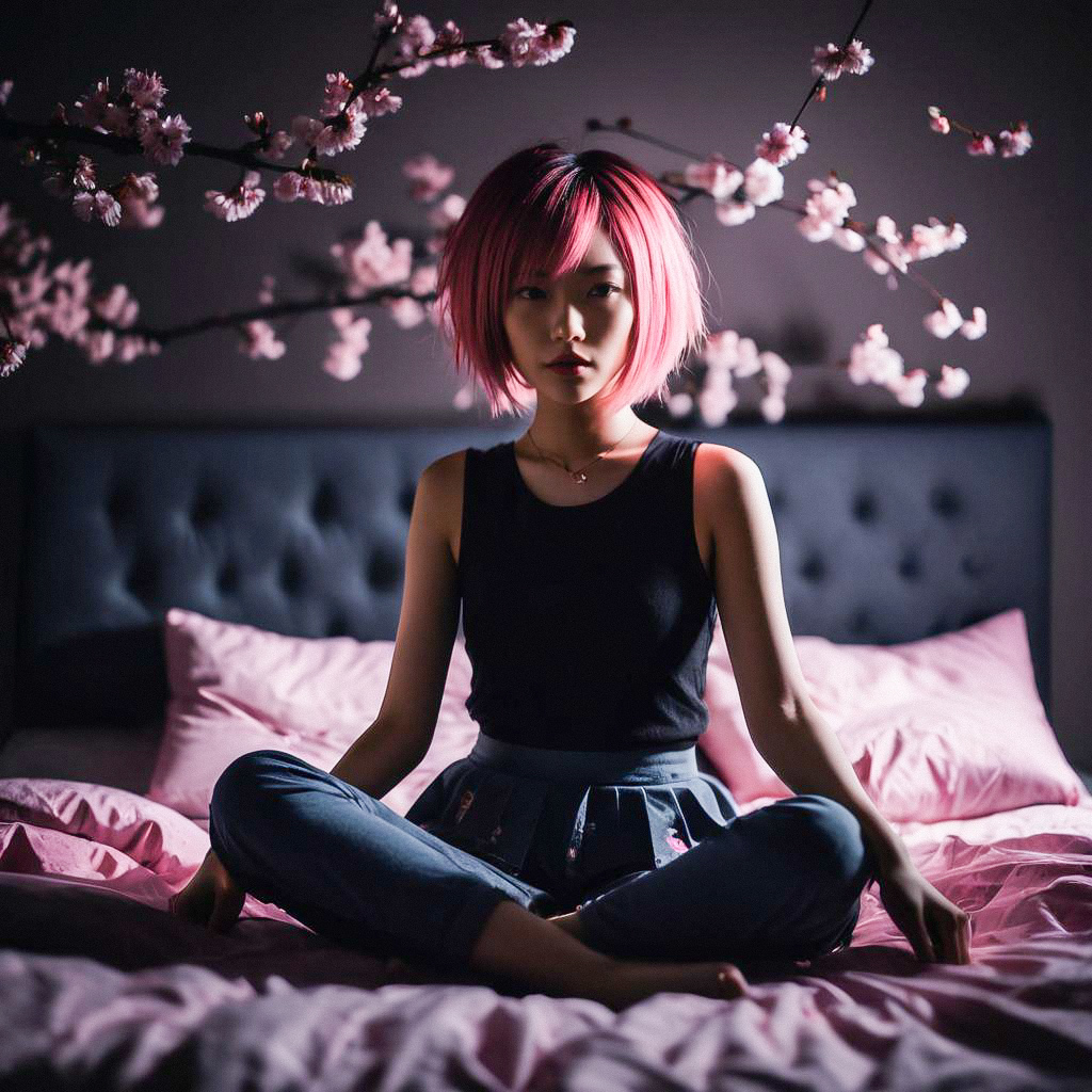 Contemplative Young Woman with Pink Hair on Bed Contemplative Young Woman with Pink Hair on Bed
