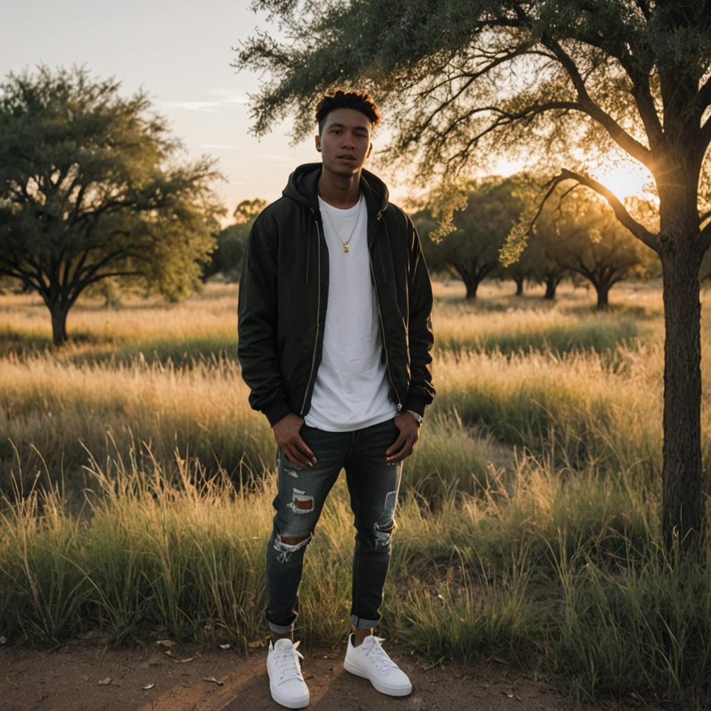 Stylish Man in Serene Sunset Field