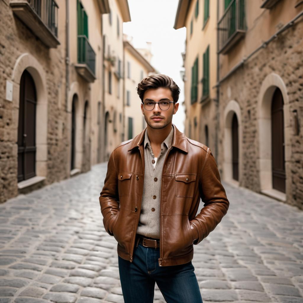 Stylish Young Man in Cobblestone Street