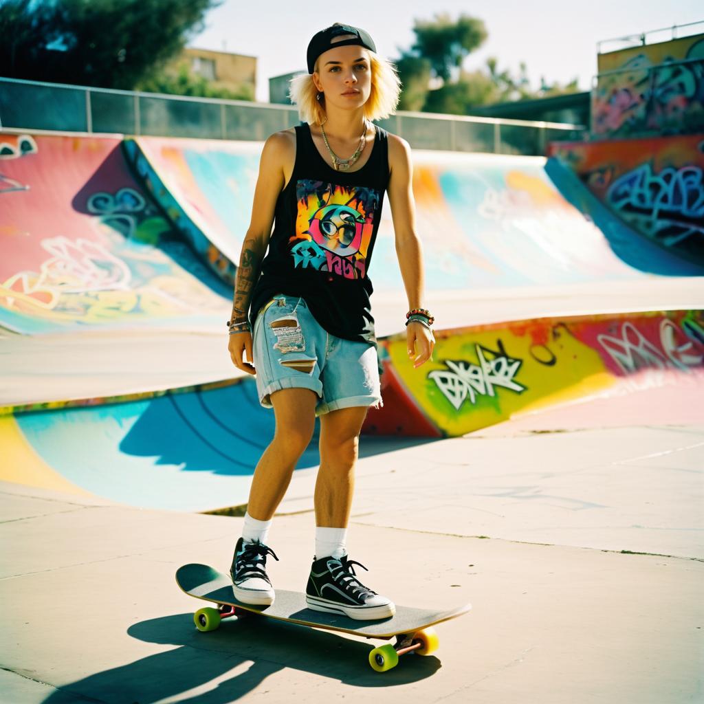 Young Woman Skateboarding in Vibrant Skate Park