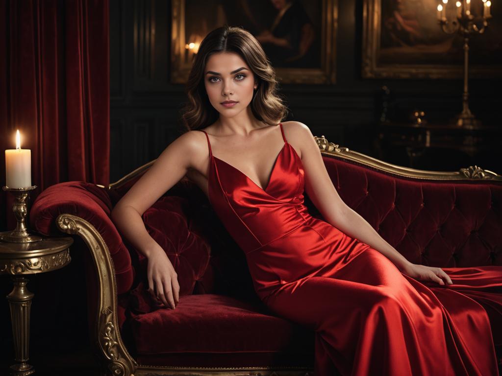 Elegant Woman in Red Satin Evening Gown on Velvet Couch