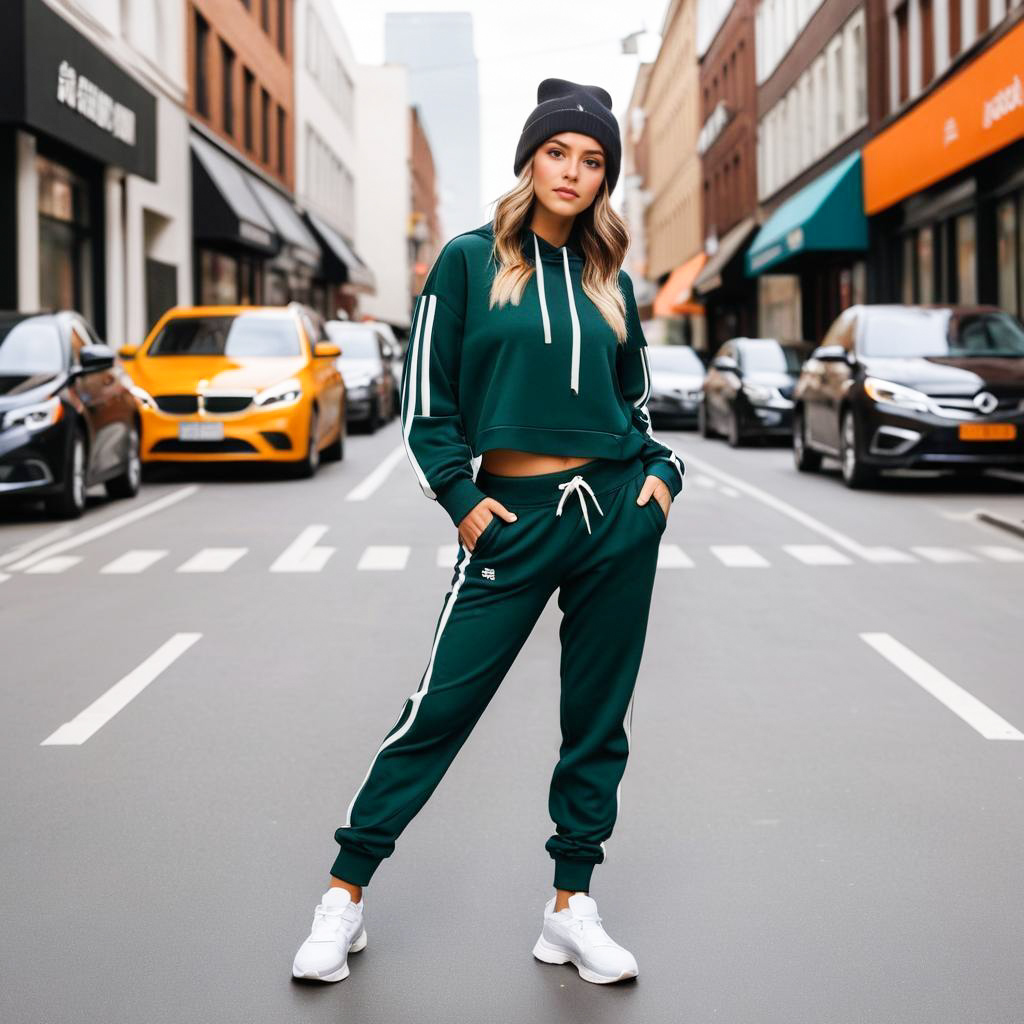 Stylish Young Woman in Green Athleisure in Urban Setting