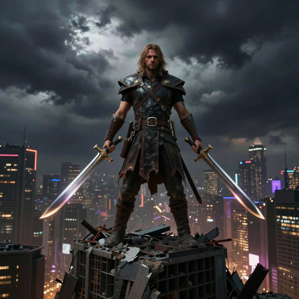 Medieval Warrior with Dual Swords Standing on Ruins in Modern Cityscape