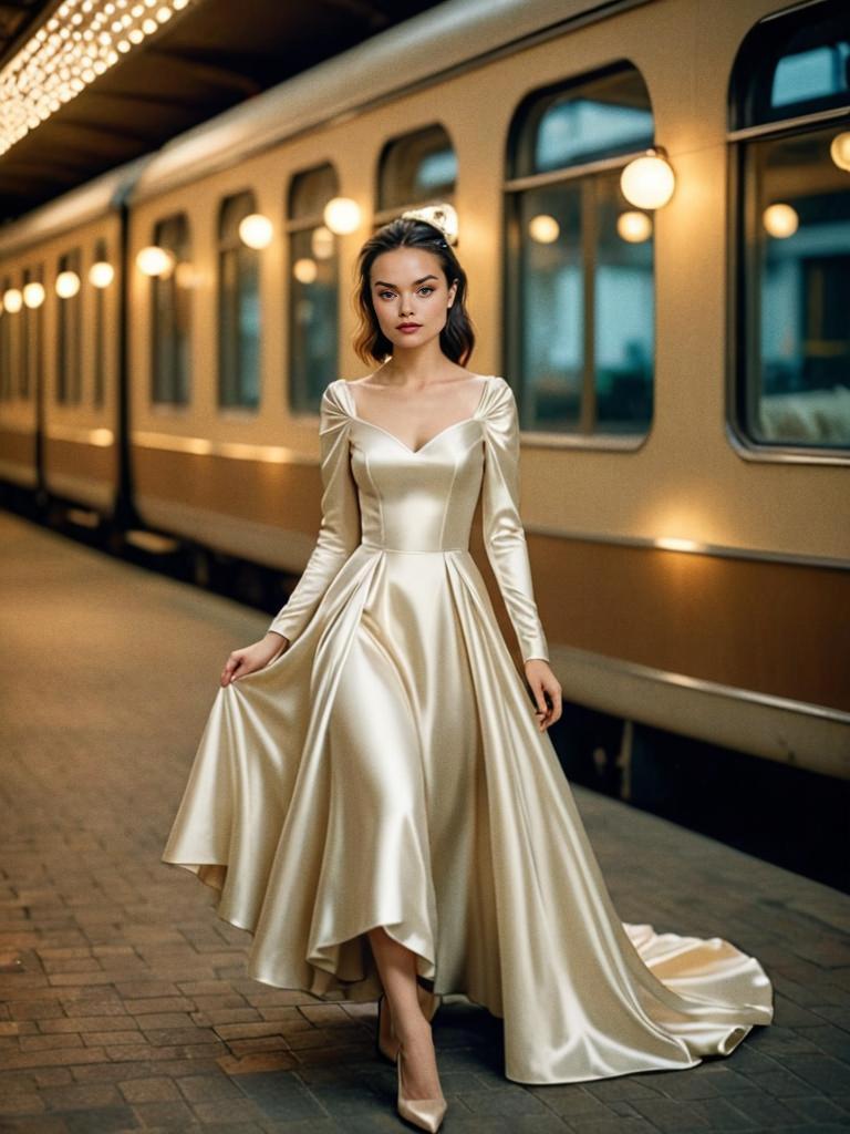 Elegant Woman in Satin Gown on Vintage Train Platform