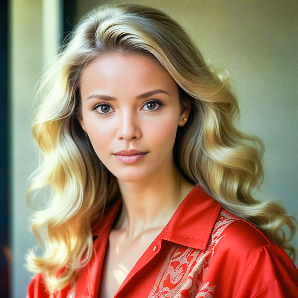 Elegant Woman in Red Blouse with Blonde Hair