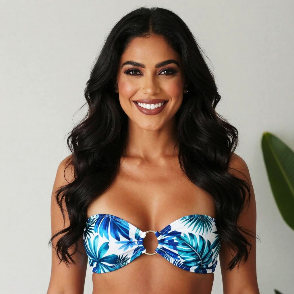 Confident Woman in Tropical Print Bandeau Bikini Top Gen Z Style