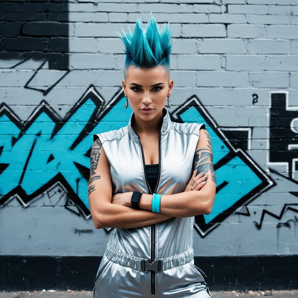 Confident Woman with Blue Spiked Hair and Silver Futuristic Outfit by Graffiti Wall