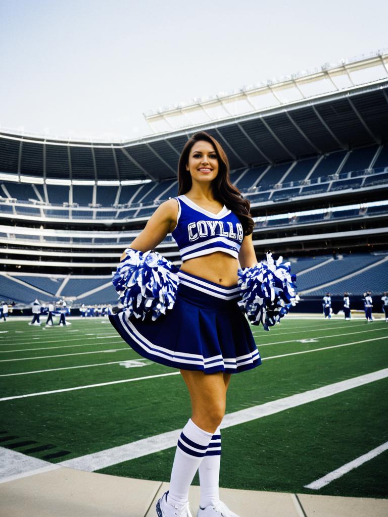 Cheerleader in Blue and White Outfit on Football Field