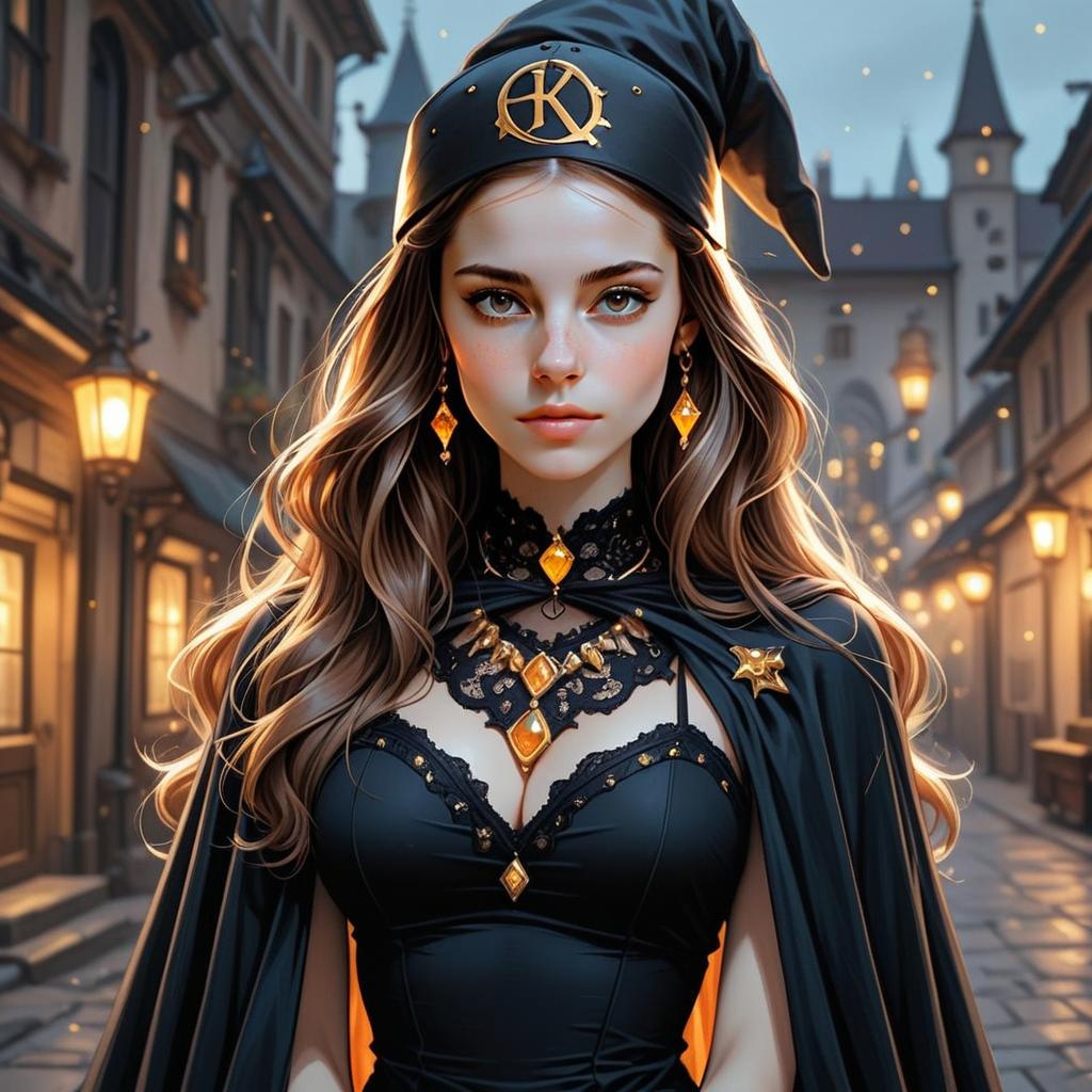 Elegant Young Woman in Black Outfit with Amber Jewelry