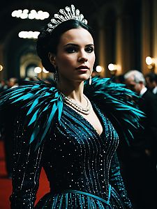 Woman in Dramatic Feathered Gala Outfit with Tiara - Cinematic Fashion Portrait