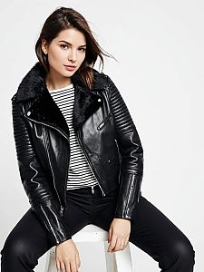 Woman Wearing Casual Chic Black Leather Biker Jacket with Faux Fur Collar