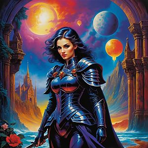 Fierce Woman in Dark Armor in Fantasy Landscape