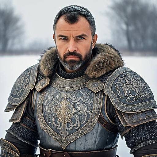 Medieval Knight in Ornate Armor with Fur Trim in Snowy Landscape