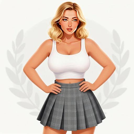 Blonde Woman in White Crop Top and Gray Pleated Skirt Digital Illustration