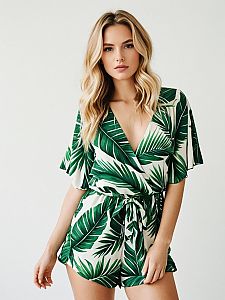 Woman Wearing Tropical Chic Deep V Neck Romper with Bold Green and White Palm Leaf Pattern