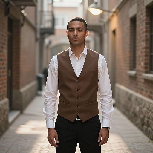 Young Man in Brown Vest Standing in Urban Alleyway