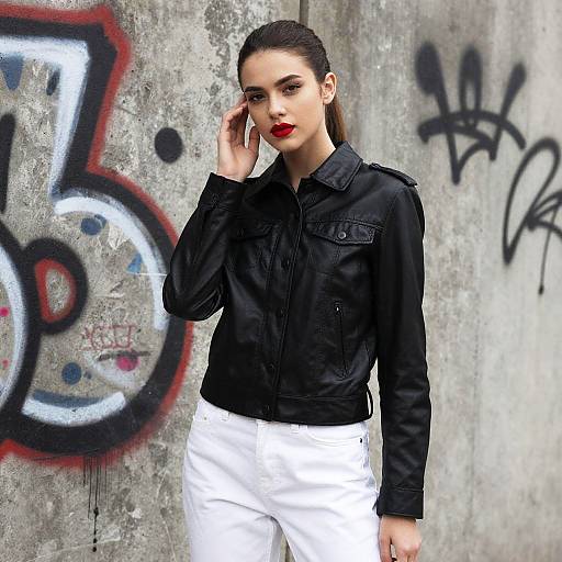 Fashionable Woman in Black Leather Jacket and White Pants with Urban Graffiti Background