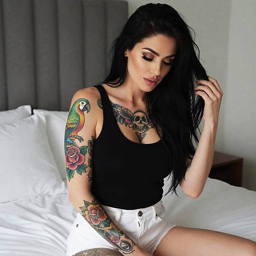 Tattooed Woman in Black Tank Top and White Shorts Sitting on Bed