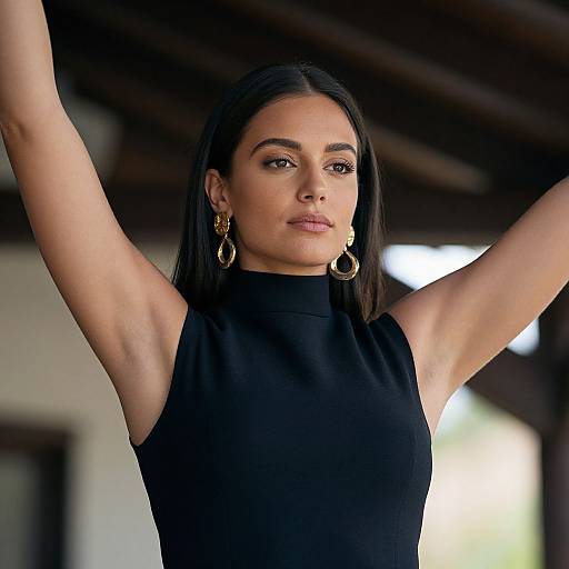 Confident Woman in Black Sleeveless Top with Gold Earrings