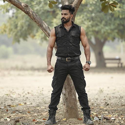 Muscular Man in Black Sleeveless Outfit Standing Against Tree Outdoors