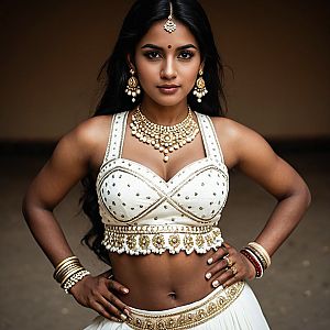 Confident Woman in Traditional White Choli and Lehenga