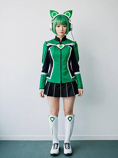 Woman in Futuristic Green Anime Heart-Themed Cosplay Outfit with Cat Ear Headphones