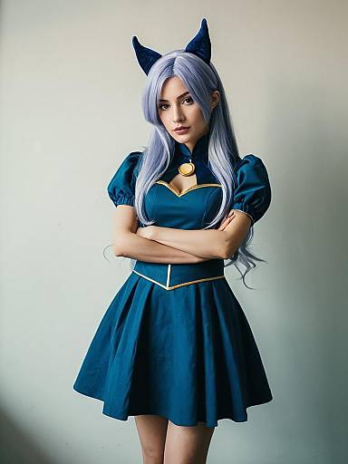Realistic Luna Cosplay Woman in Elegant Teal Costume with Cat Ears
