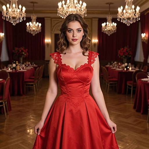 Elegant Woman in Red Satin Dress in Luxurious Dining Room