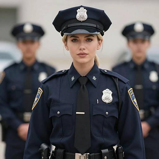 Young Female Police Officer in Uniform with Colleagues