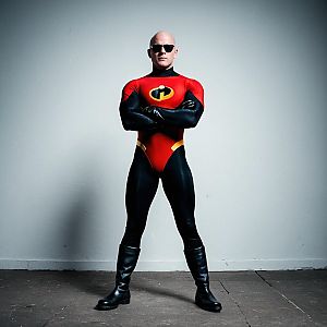Confident Bald Man in Red and Black Superhero Bodysuit