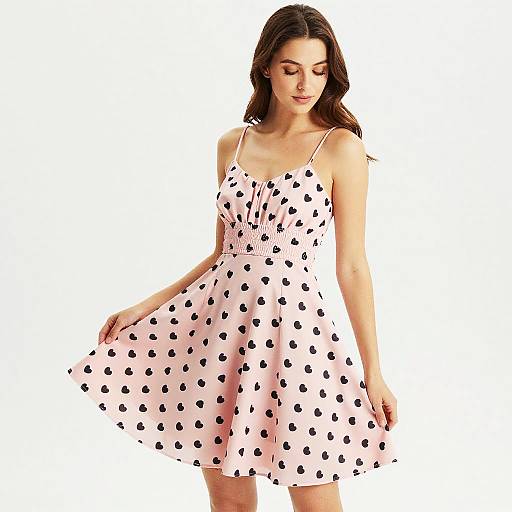 Young Woman Wearing Pink Heart-Patterned Summer Dress