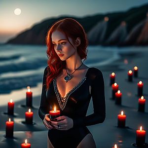 Red-Haired Woman Holding Candle on Candlelit Beach at Dusk