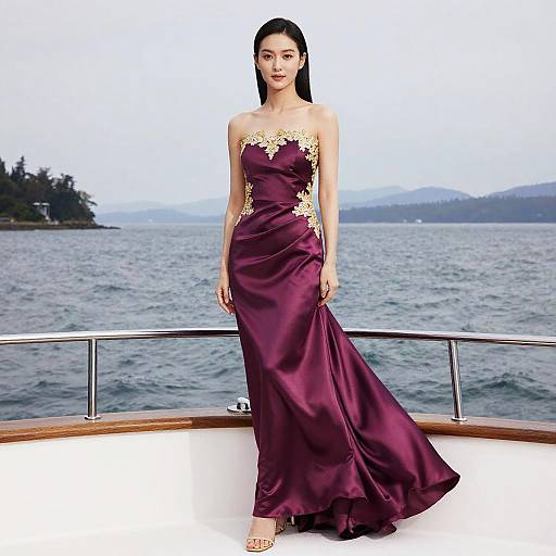 Elegant Woman in Rich Plum Satin Strapless Ball Gown with Gold Embroidery