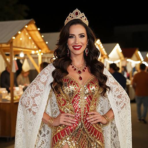 Woman in Gold and Red Sequined Gown with Jeweled Crown at Night Market
