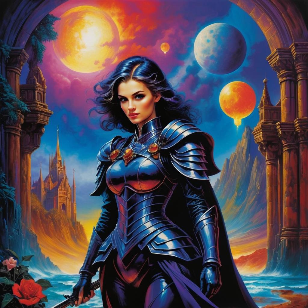 Fierce Woman in Dark Armor in Fantasy Landscape Fierce Woman in Dark Armor in Fantasy Landscape