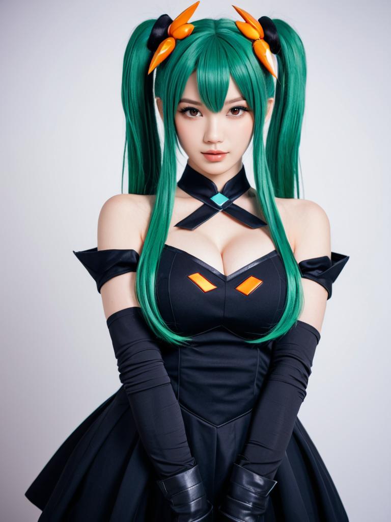 Ai-Chan Honkai Impact Cosplay Portrait with Green Twin Tails in Black Dress