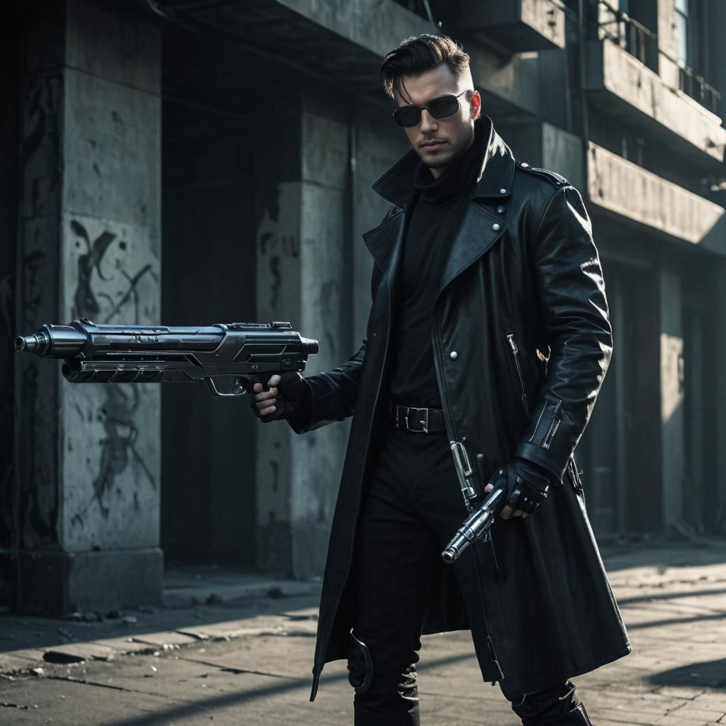 Stylish man with sci-fi blasters in cyberpunk outfit