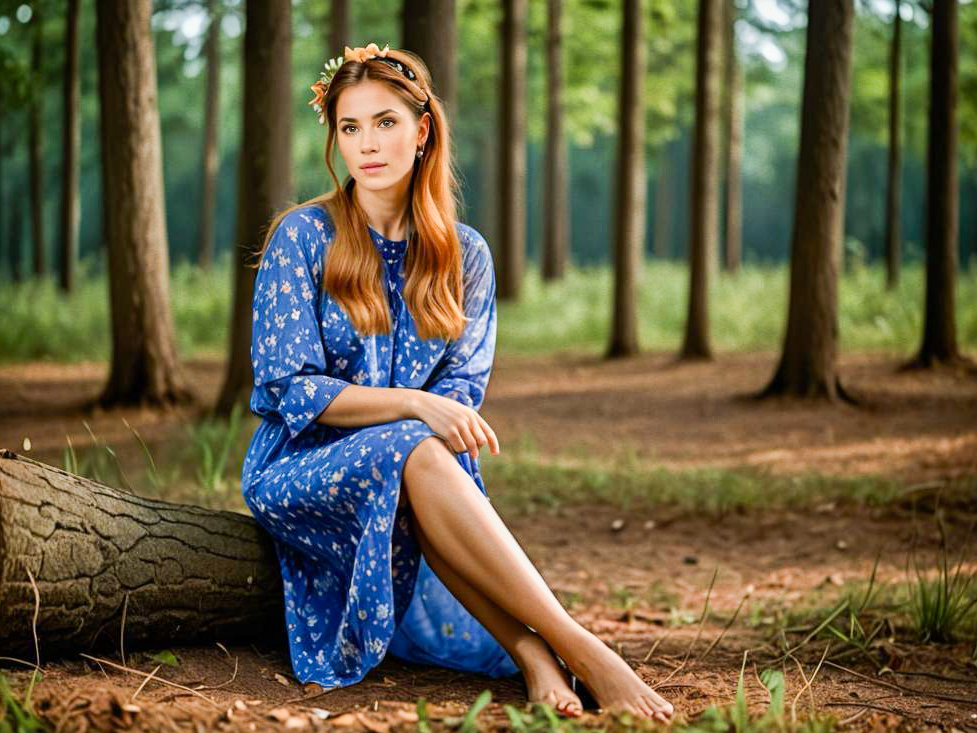 Serene Woman in Blue Dress in Forest