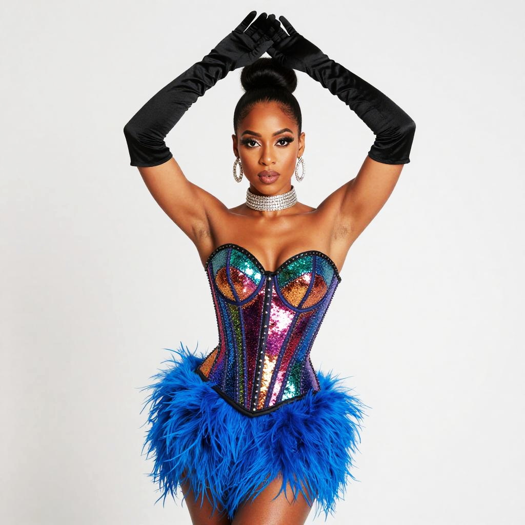 Glamorous Woman in Colorful Sequin Corset and Blue Feathered Skirt