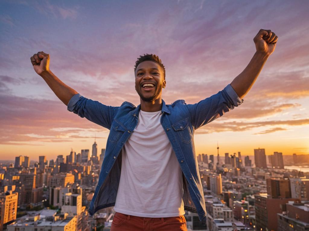 Man Celebrating Against City Skyline at Sunset