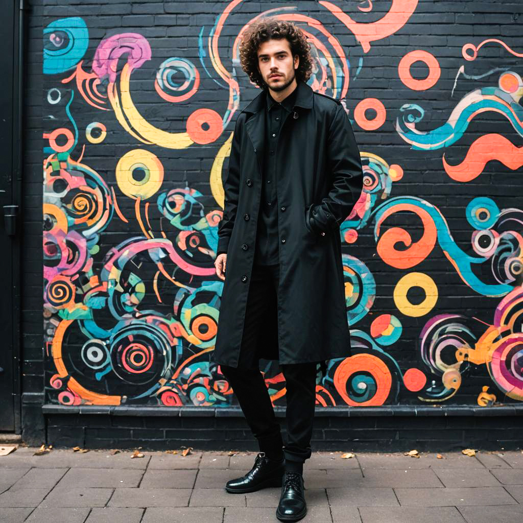 Stylish Man in Black Trench Coat Against Abstract Mural