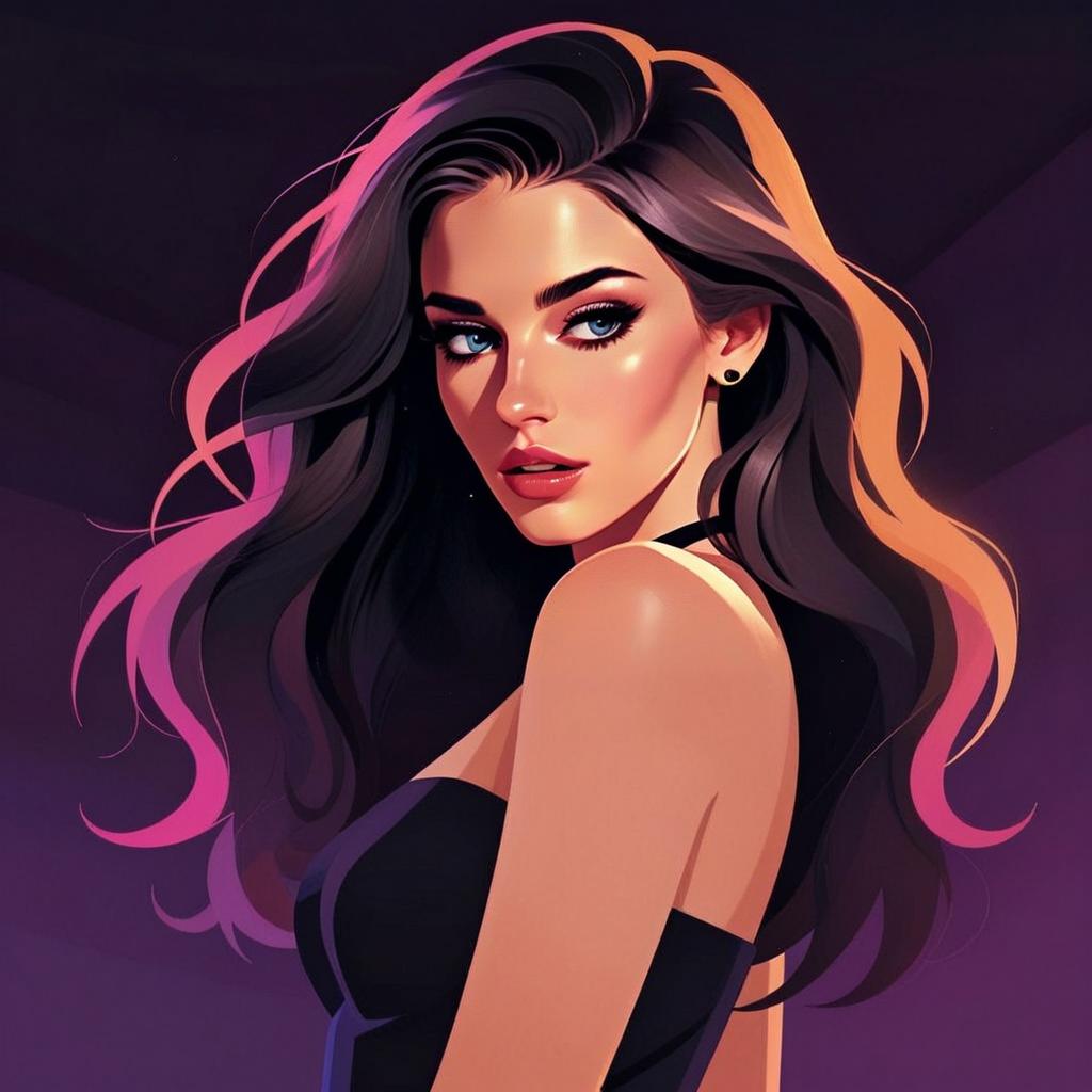 Stylish Digital Portrait of Woman with Pink-Highlighted Hair