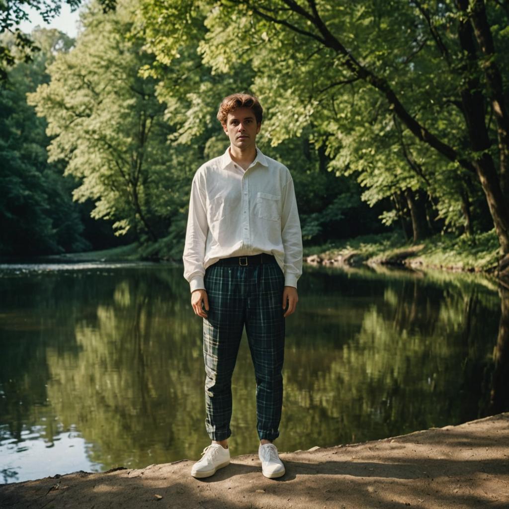 Young Man in Smart Casual Attire by Serene Lakeside