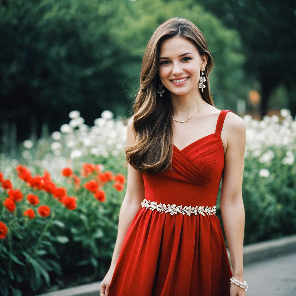 Smiling Woman in Elegant Red Gown in Garden