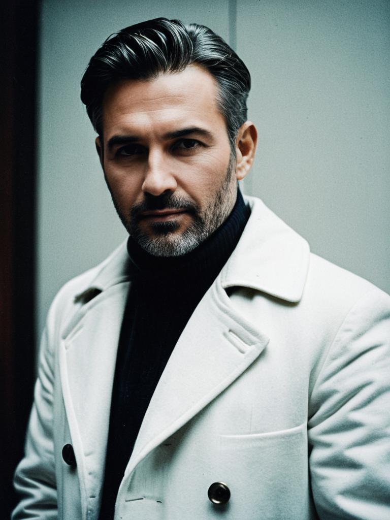 Man in White Coat Waist-Up Editorial Portrait Photorealistic