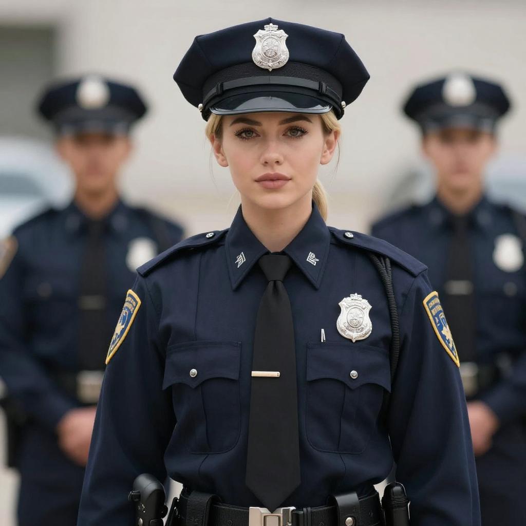 Young Female Police Officer in Uniform with Colleagues