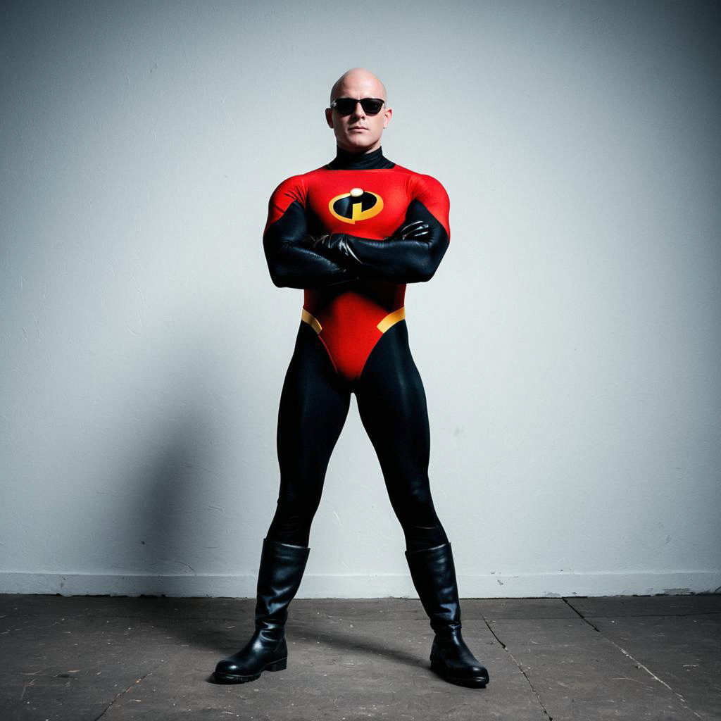 Confident Bald Man in Red and Black Superhero Bodysuit Confident Bald Man in Red and Black Superhero Bodysuit