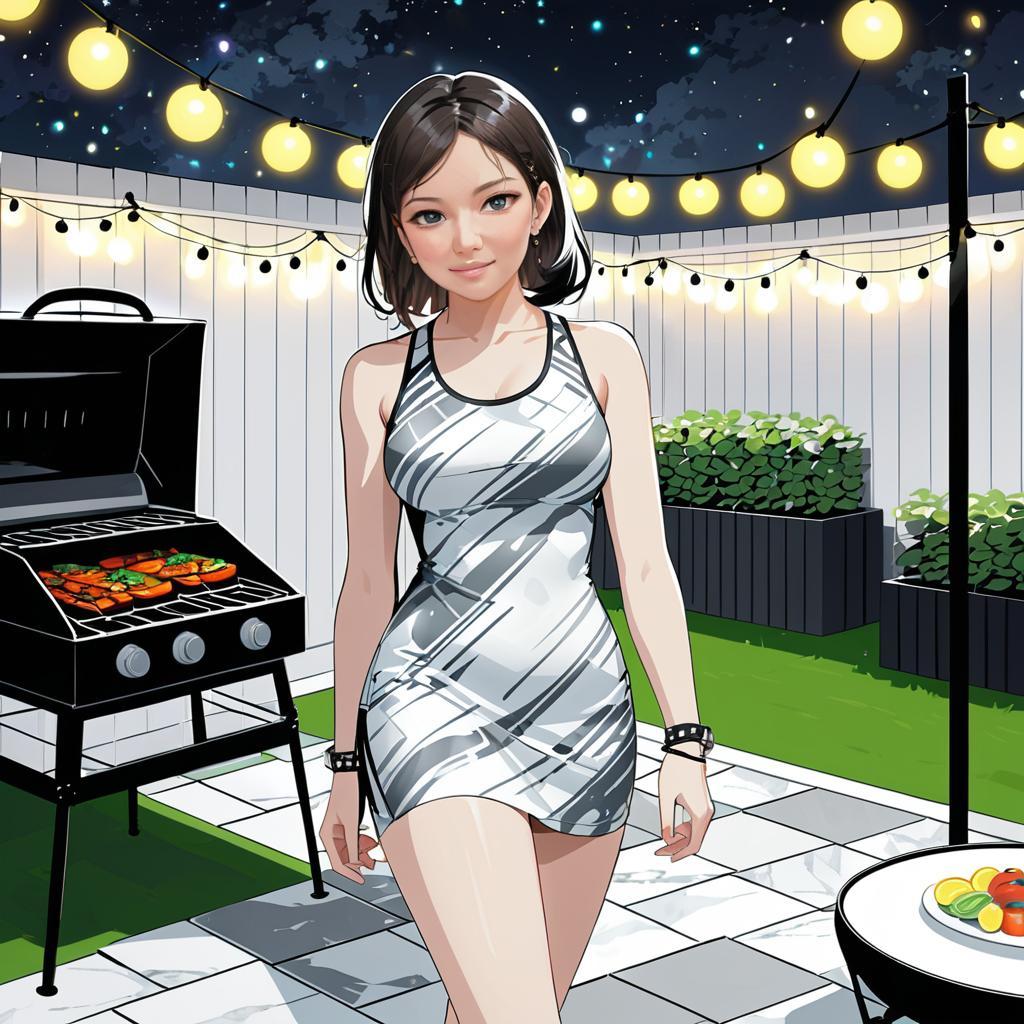 Anime Woman in Silver Dress at Evening Backyard Party