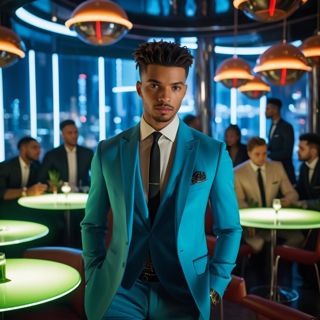 Stylish Man in Turquoise Suit in Modern Lounge